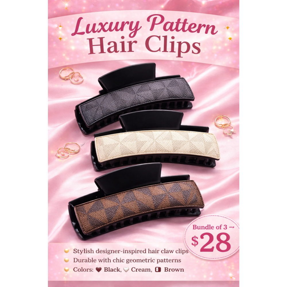 Set of 3 Designer Inspired Hair Claw Clips | Neutral Checkered Bundle 4”